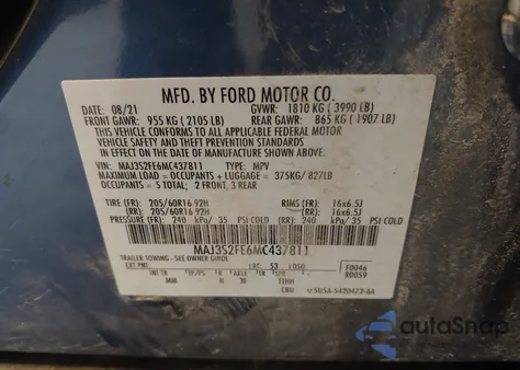 2021 Ford Ecosport S из США, поврежденный, VIN MAJ3S2FE6MC437811